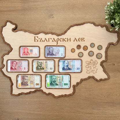 Дървена карта за банкноти и монети