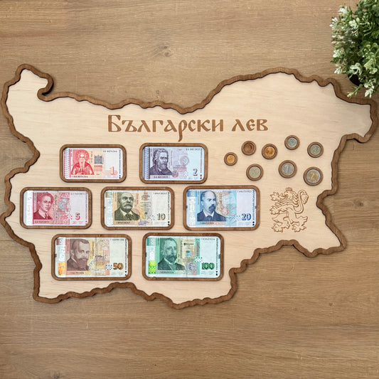 Дървена карта за банкноти и монети